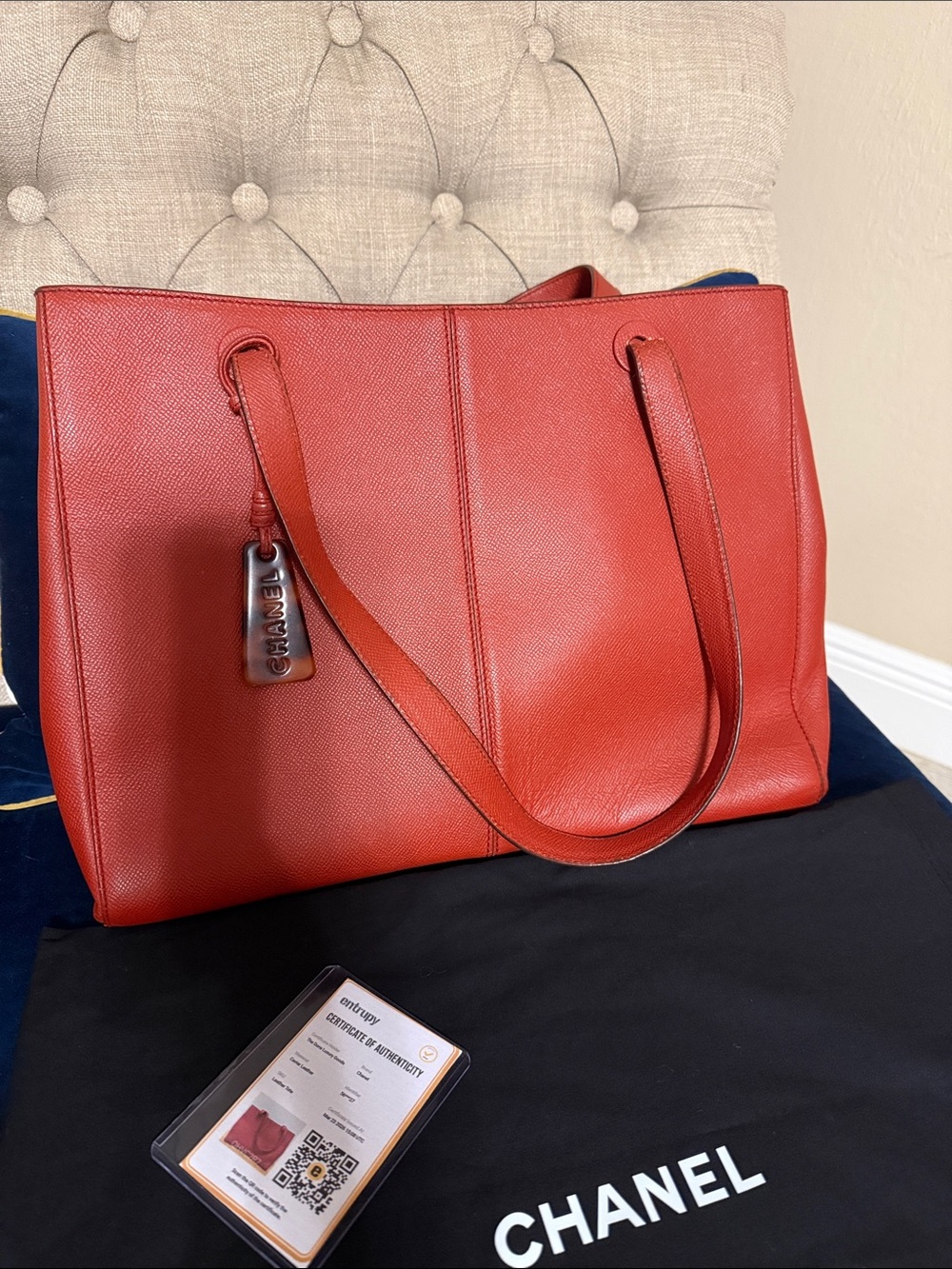 CHANEL Dark Orange Leather Tote with Logo Tag